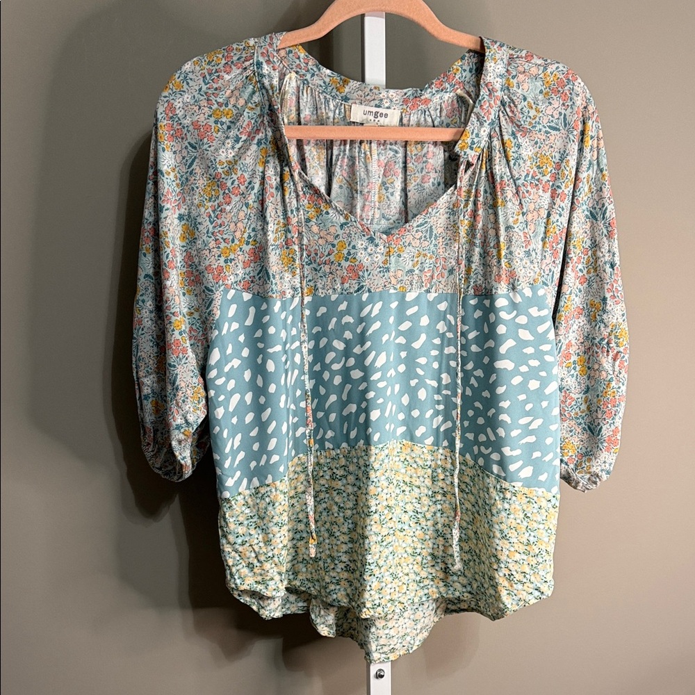 Umgee Boho Patchwork Blouse Size Small - image 3